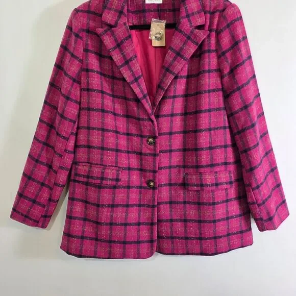NWT Vestique As If Plaid Fuschia Pink Fall Winter Blazer Coat Jacket Size Large - Picture 5 of 11
